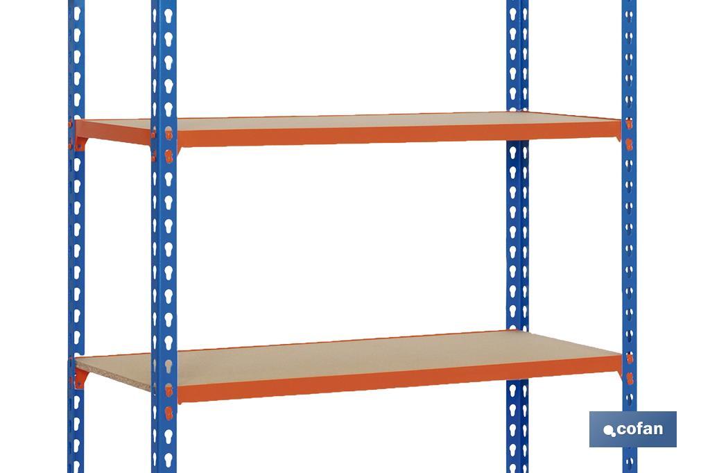 Prateleira de aço | Cor azul e laranja | Disponível com 5 prateleiras de madeira | Medidas: 2000 X 1000 X 500 MM - Cofan