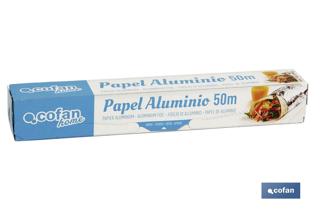 Papel de Aluminio Doméstico | Medida de 16, 30 o 50 m | Ancho 30 cm | Estuche con sierra de corte | Antiadherente | Multiusos - Cofan