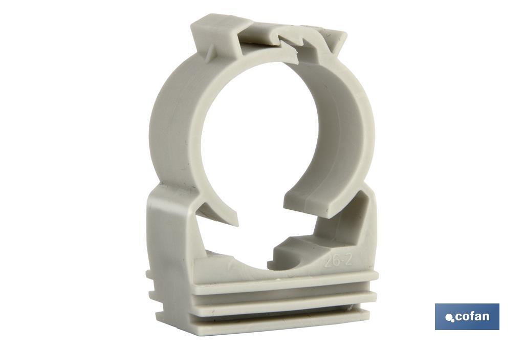Multipurpose Pipe Clamp | White | Size from 12 to 50mm | Guide & closing | Polypropylene - Cofan