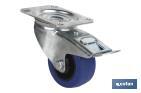 Rueda de goma azul giratoria con freno | Con cojinete de rodillo | Para pesos de hasta 150 kg y diámetros de 80, 100 y 125 mm - Cofan