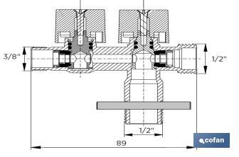 Válvula de Esquadria com dupla saída| Modelo Pistón | Medidas: 1/2" x 1/2" x 3/8" | Fabricada em Latão CW617N - Cofan