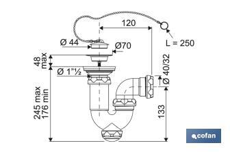 Sifone curvo | Uscita da Ø40 mm | Raccordo da 1" 1/2 x 70 | Valvola per lavabo e bidet | Realizzato in polipropilene - Cofan