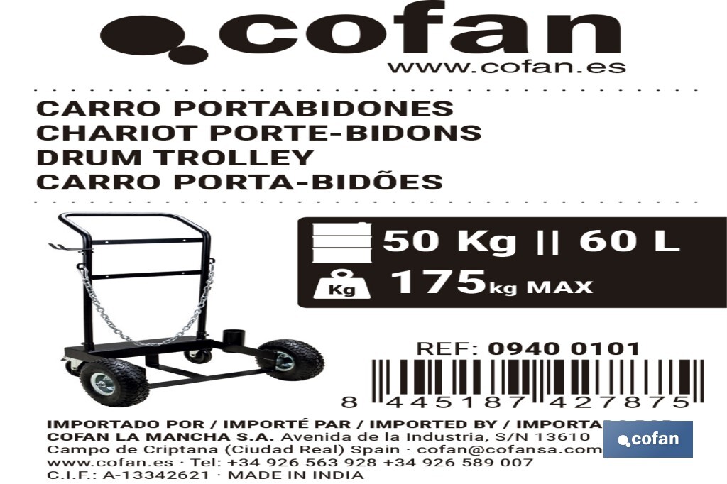 Carro portabidones de acero con ruedas antipinchazo | Cadena de seguridad | Alta resistencia y maniobrabilidad | Adecuado para bidones de 60 litros - Cofan