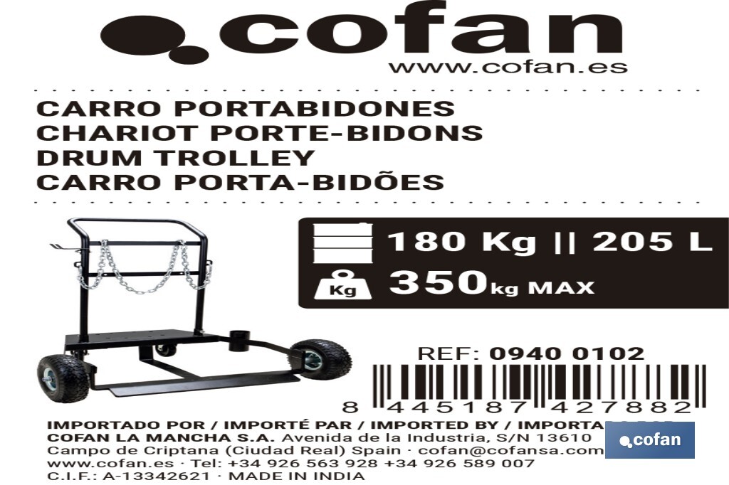 Carro portabidones de acero con ruedas antipinchazo | Cadena de seguridad | Alta resistencia y maniobrabilidad | Adecuado para bidones de 205 litros - Cofan