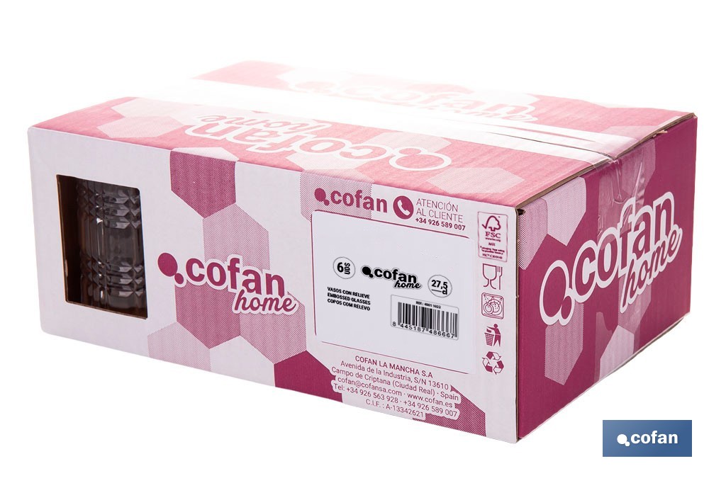 Pack de 6 vasos de agua con relieve | Capacidad: 27,5 cl | Material: vidrio | Color: transparente - Cofan