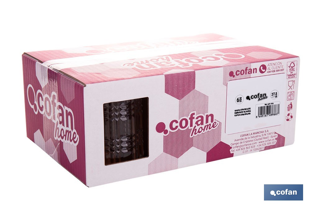 Pack de 6 vasos de agua con relieve | Capacidad: 27,5 cl | Material: vidrio | Color: transparente - Cofan