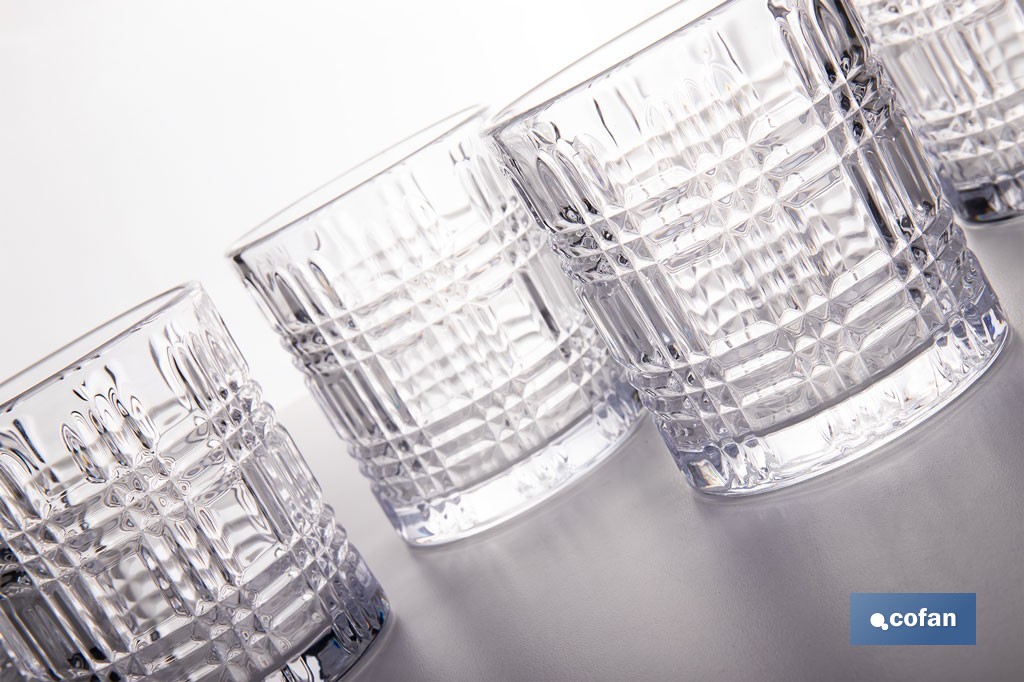 Pack de 6 vasos de agua con relieve | Capacidad: 27,5 cl | Material: vidrio | Color: transparente - Cofan