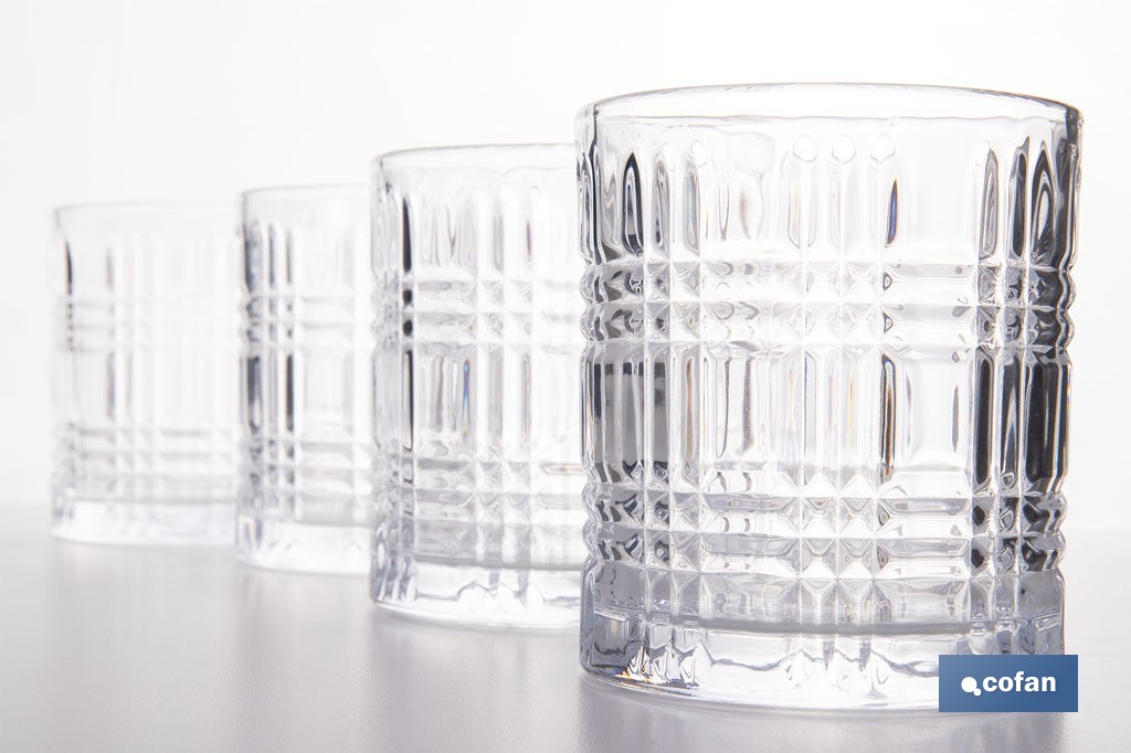 Pack de 6 vasos de agua con relieve | Capacidad: 27,5 cl | Material: vidrio | Color: transparente - Cofan
