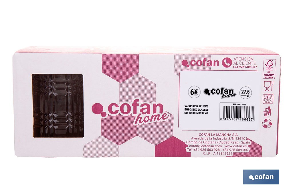Pack de 6 vasos de agua con relieve | Capacidad: 27,5 cl | Material: vidrio | Color: transparente - Cofan