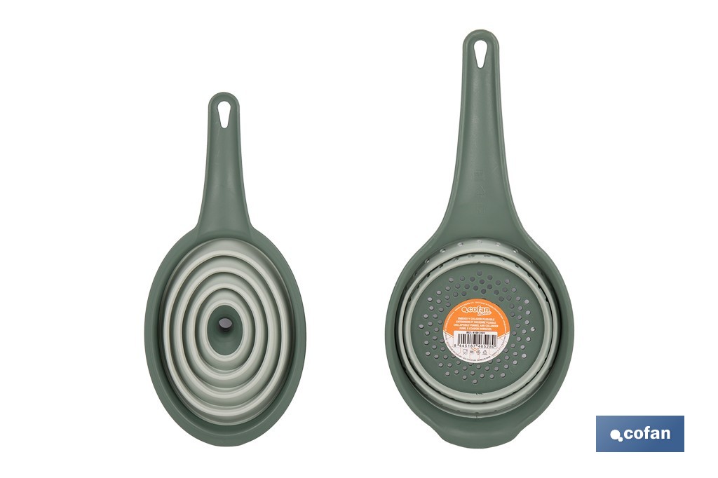 Pack de embudo y colador plegables con mango y capacidad para 0,6 litros | Color: verde | Ahorro de espacio y fácil almacenamiento - Cofan