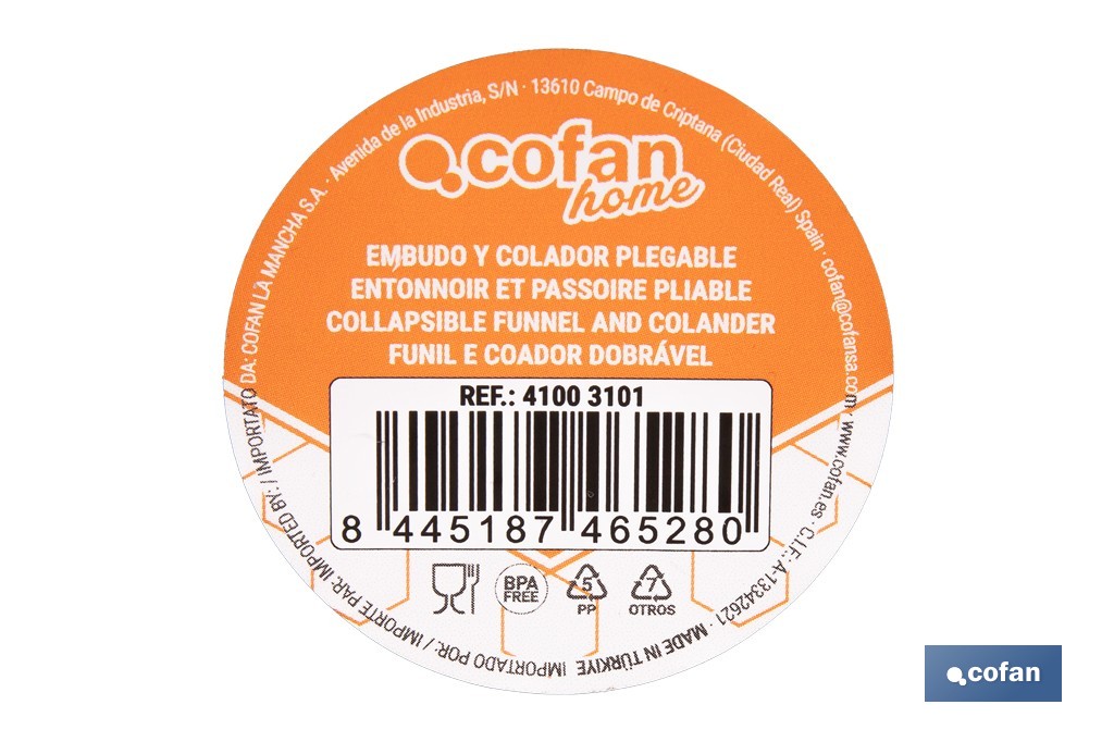 Pack de embudo y colador plegables con mango y capacidad para 0,6 litros | Color: verde | Ahorro de espacio y fácil almacenamiento - Cofan