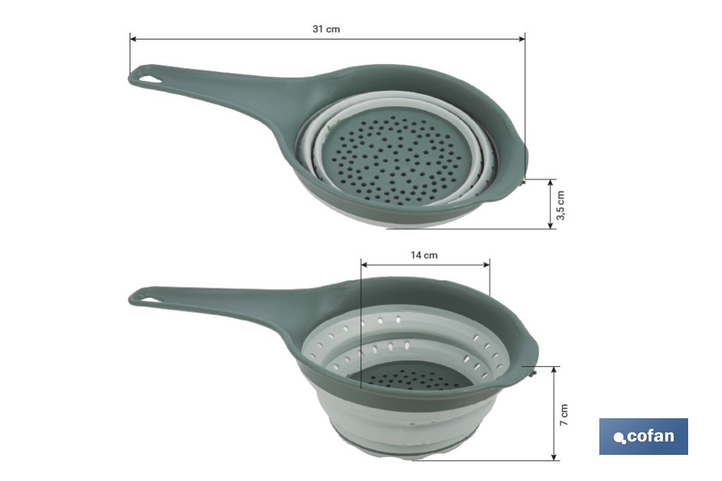 Pack de embudo y colador plegables con mango y capacidad para 0,6 litros | Color: verde | Ahorro de espacio y fácil almacenamiento - Cofan