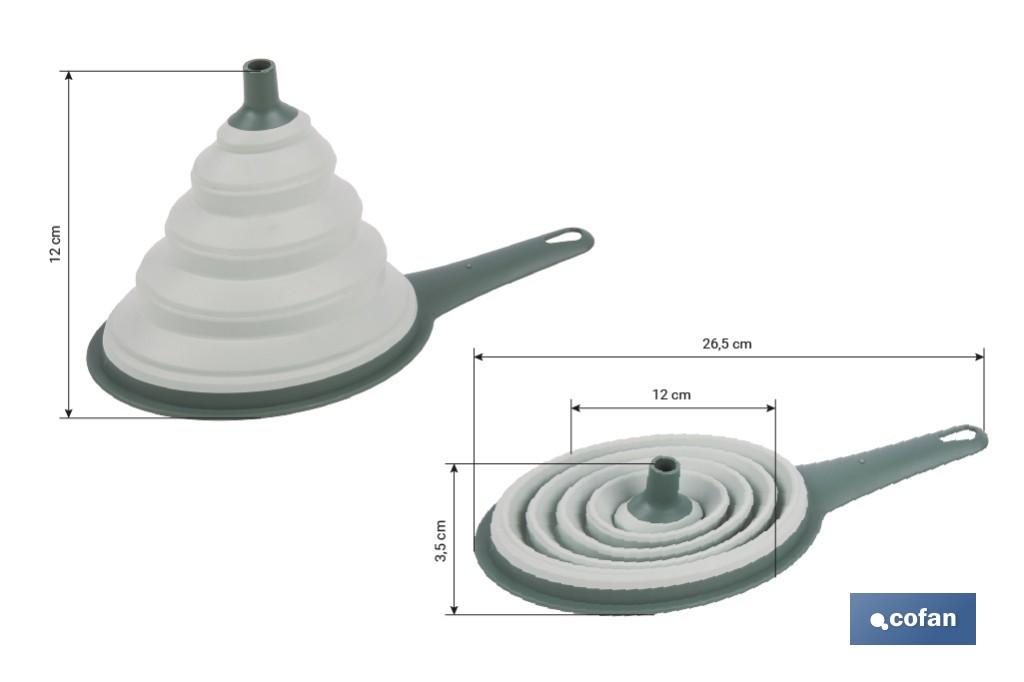 Pack de embudo y colador plegables con mango y capacidad para 0,6 litros | Color: verde | Ahorro de espacio y fácil almacenamiento - Cofan