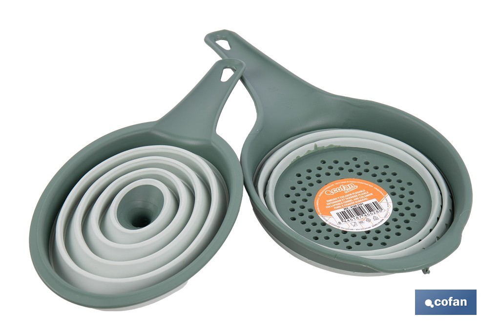 Pack de embudo y colador plegables con mango y capacidad para 0,6 litros | Color: verde | Ahorro de espacio y fácil almacenamiento - Cofan