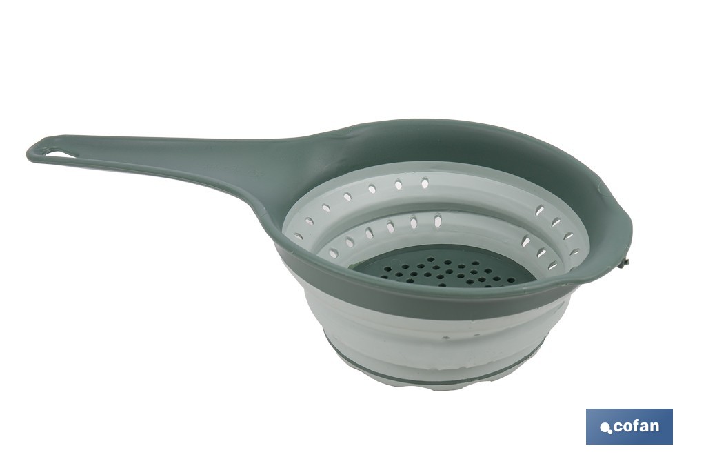 Pack de embudo y colador plegables con mango y capacidad para 0,6 litros | Color: verde | Ahorro de espacio y fácil almacenamiento - Cofan