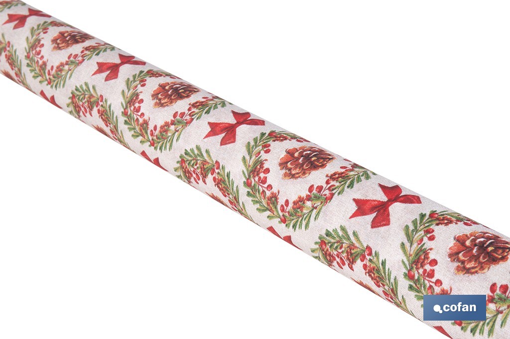 Rollo de mantel resinado antimanchas con lazos y piñas | Materiales: 75 % algodón y 25 % poliéster | Diseño navideño, fácil de limpiar - Cofan