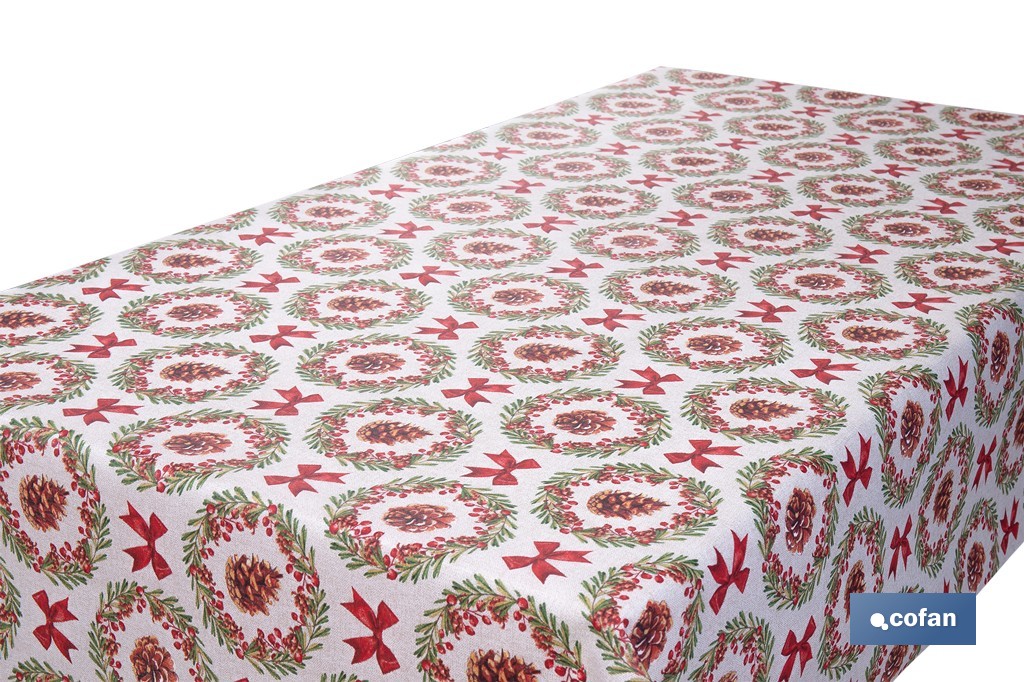 Rollo de mantel resinado antimanchas con lazos y piñas | Materiales: 75 % algodón y 25 % poliéster | Diseño navideño, fácil de limpiar - Cofan