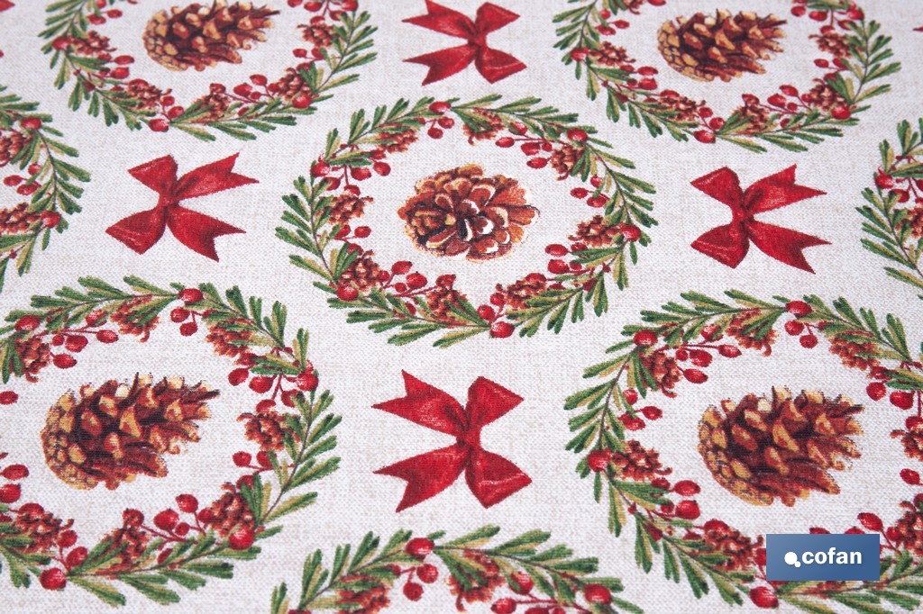 Rollo de mantel resinado antimanchas con lazos y piñas | Materiales: 75 % algodón y 25 % poliéster | Diseño navideño, fácil de limpiar - Cofan