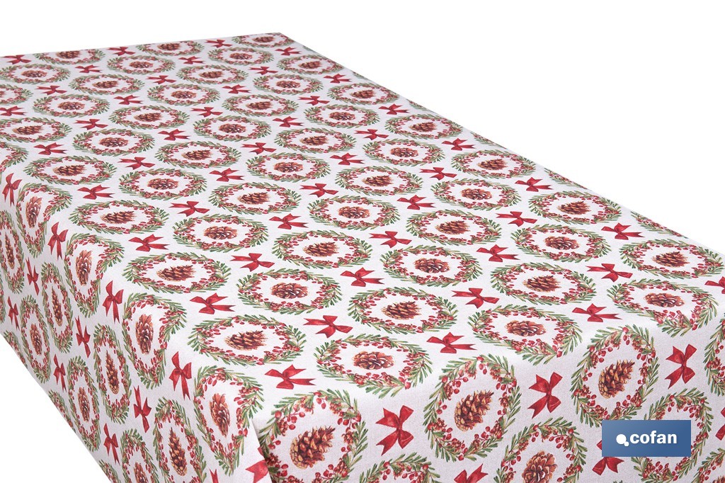 Rollo de mantel resinado antimanchas con lazos y piñas | Materiales: 75 % algodón y 25 % poliéster | Diseño navideño, fácil de limpiar - Cofan