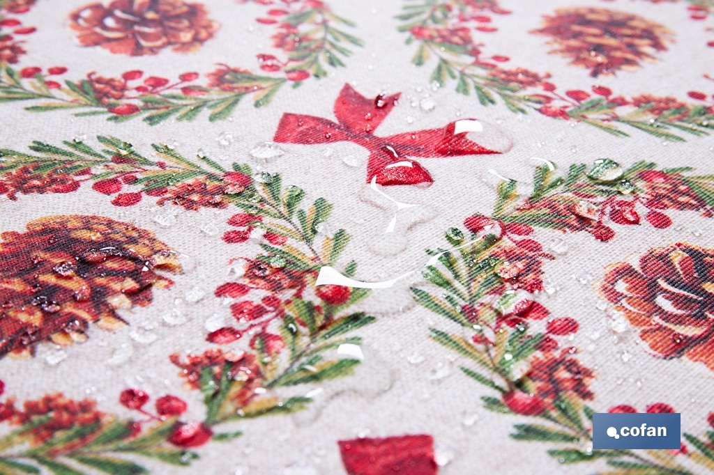 Rollo de mantel resinado antimanchas con lazos y piñas | Materiales: 75 % algodón y 25 % poliéster | Diseño navideño, fácil de limpiar - Cofan