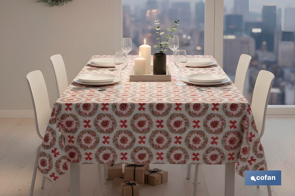 Rollo de mantel resinado antimanchas con lazos y piñas | Materiales: 75 % algodón y 25 % poliéster | Diseño navideño, fácil de limpiar - Cofan