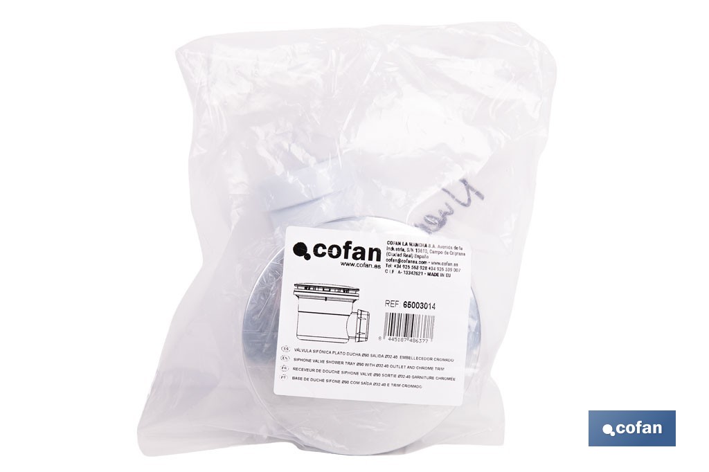 Válvula sifónica para plato de ducha | Orificio de Ø90 mm | Salida de Ø40 mm | Junta cónica reductora de Ø32 mm - Cofan