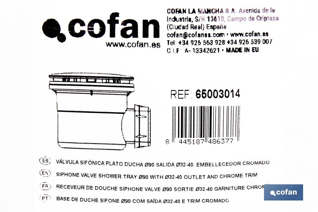 Válvula sifónica para plato de ducha | Orificio de Ø90 mm | Salida de Ø40 mm | Junta cónica reductora de Ø32 mm - Cofan
