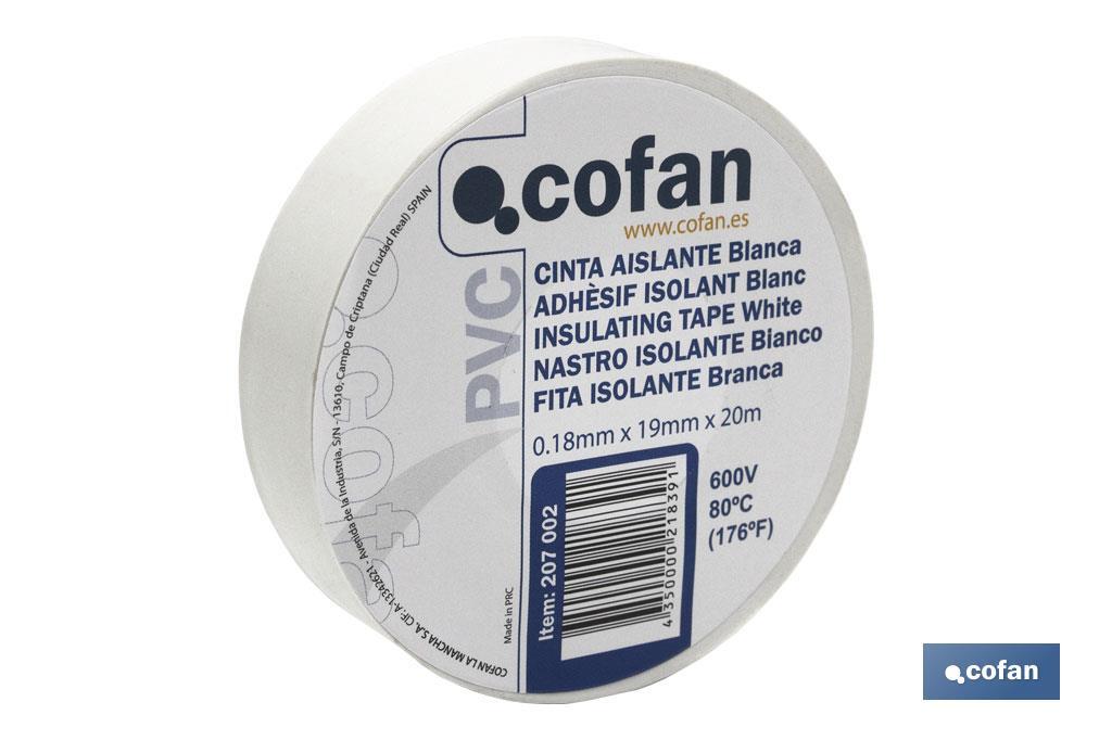 Insulating tape 180 microns | White | Resistant to voltage, heat and different acids and alkaline materials - Cofan