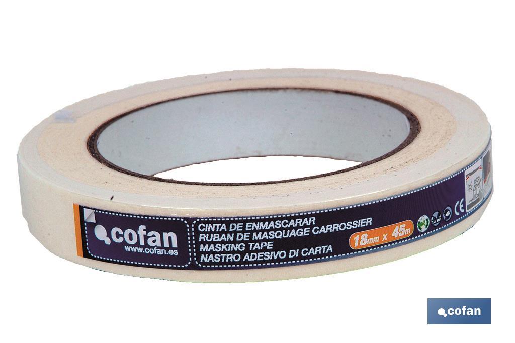 Cinta carrocero en rollo | Para pintar y enmascarar | Medidas desde 18 hasta 60 mm de ancho | Longitud de 45 metros - Cofan