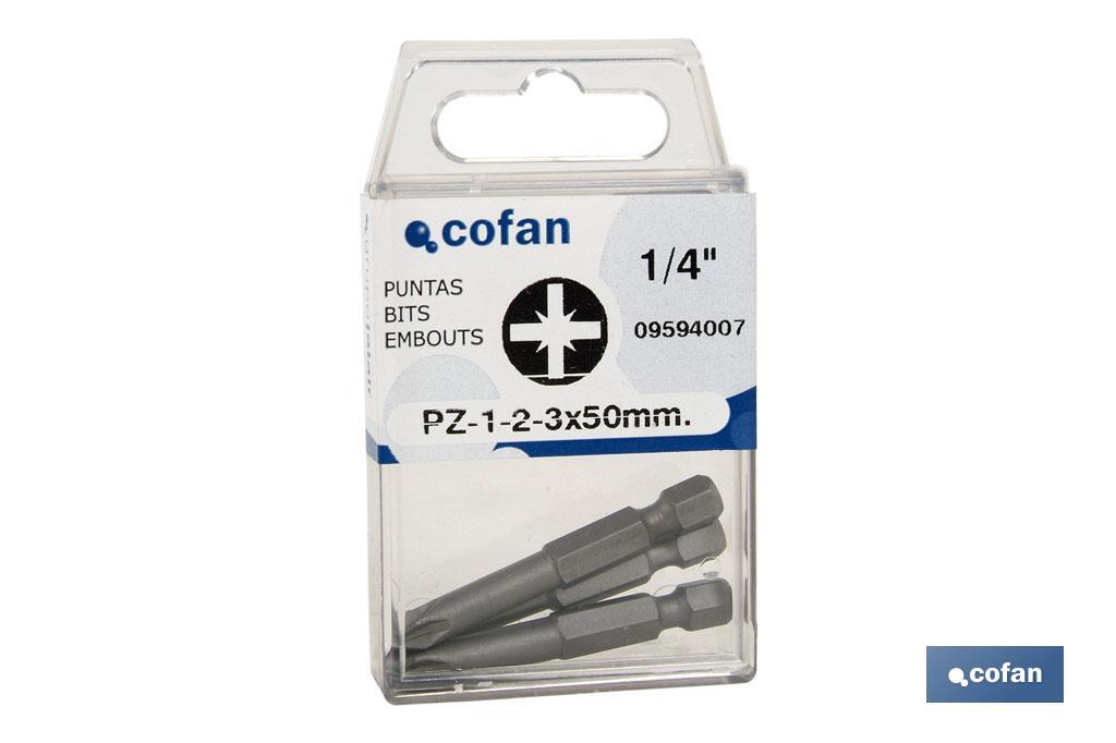 Kit de puntas de acero para atornillar | Contenido 3 puntas Pozi drive de 50 mm | Modelo 1/4" PZ - Cofan