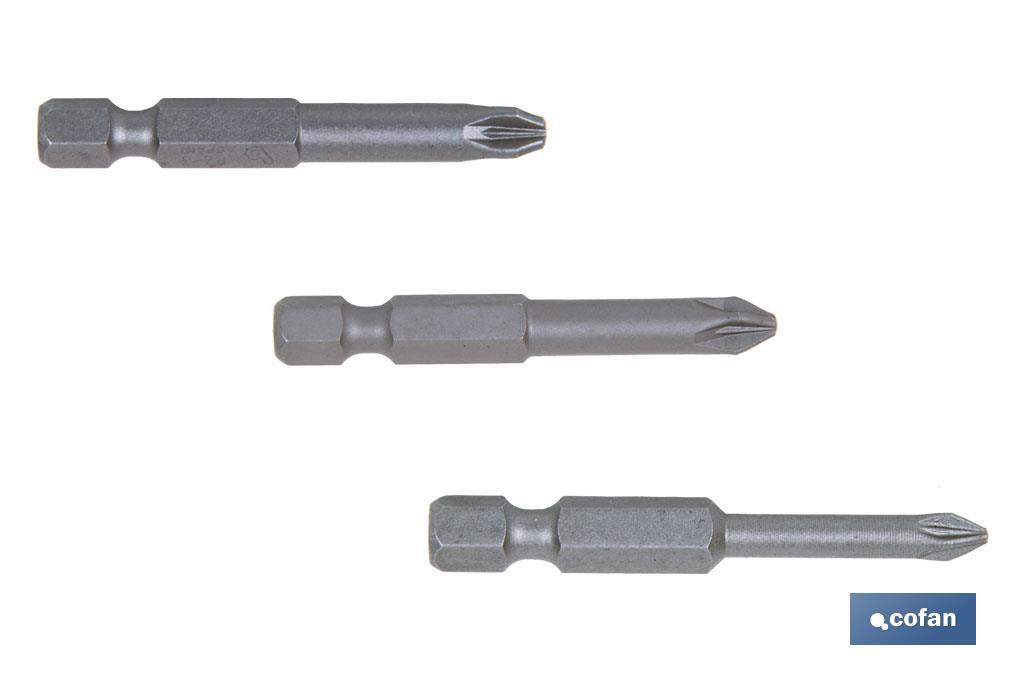 Kit de puntas de acero para atornillar | Contenido 3 puntas Pozi drive de 50 mm | Modelo 1/4" PZ - Cofan