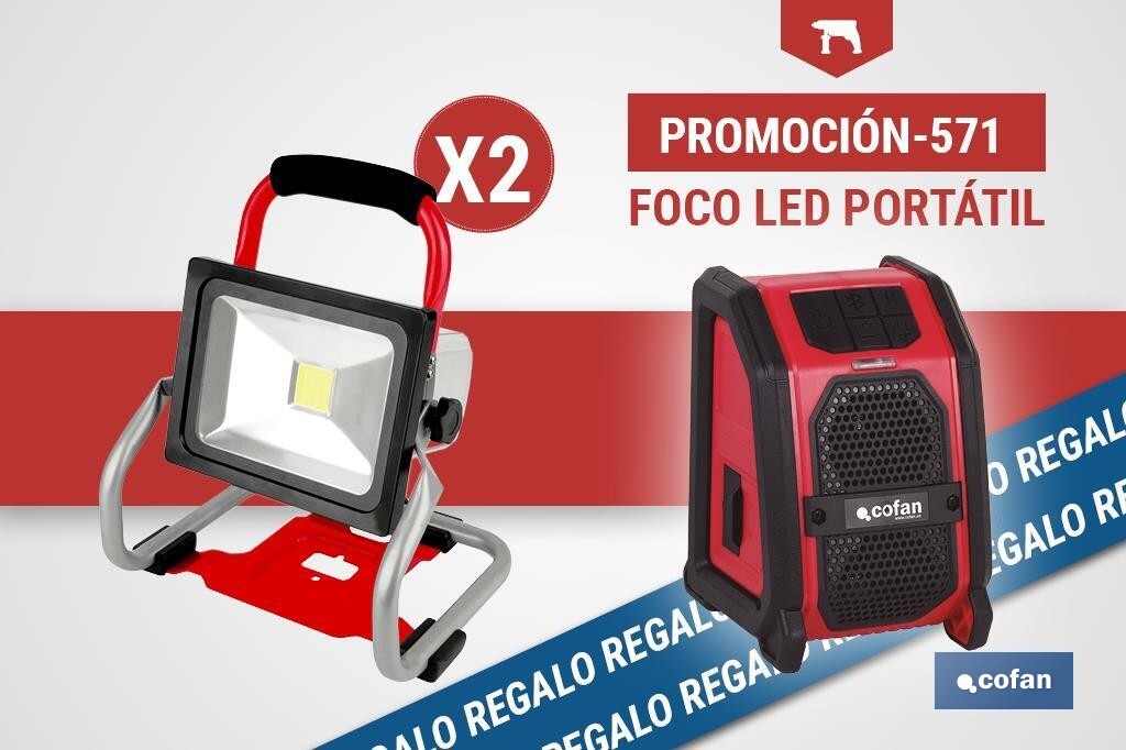 Pack of 2 portable battery-operated LED work lights + Bluetooth speaker for free | Efficient and long-lasting illumination - Cofan
