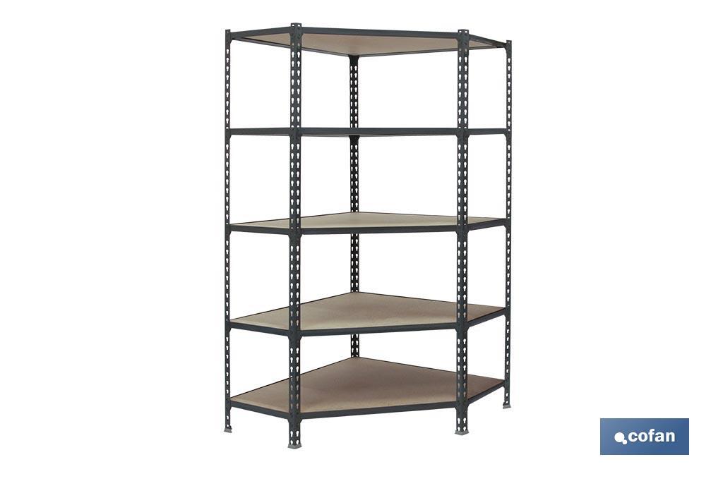 Corner shelving unit | Steel | Anthracite | Available with 5 wooden tiers | Size: 1,800 X 900 X 400MM - Cofan