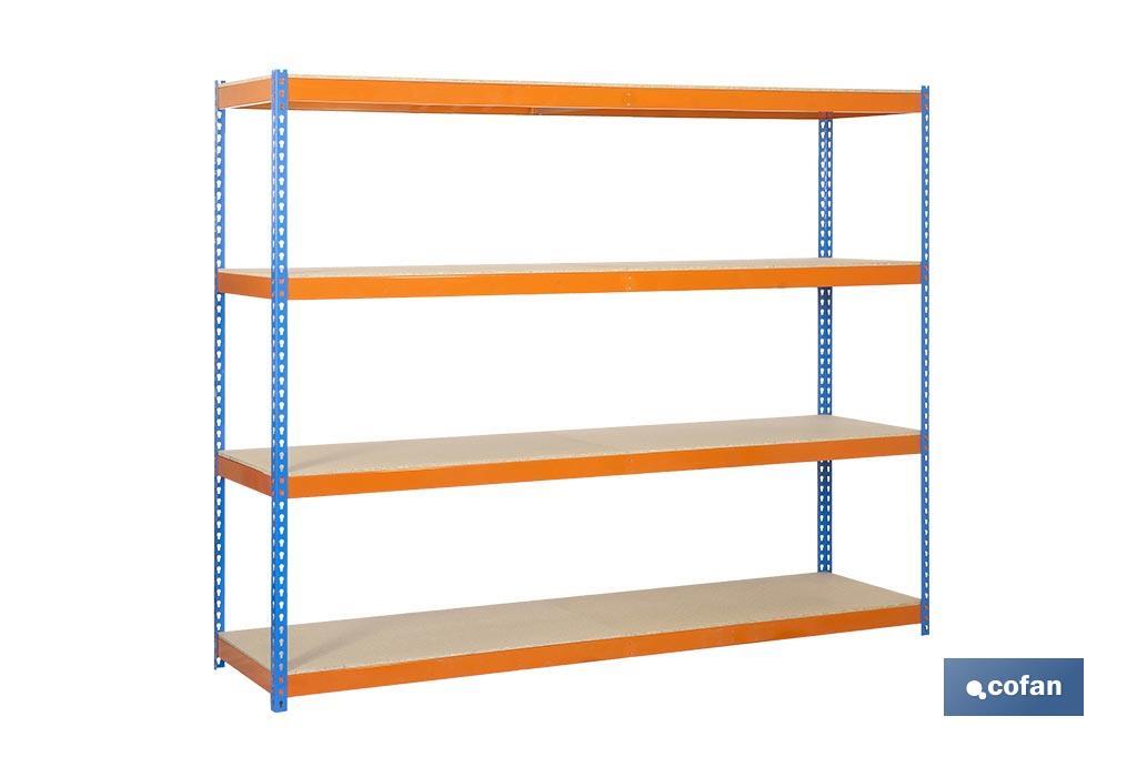 Estantería de acero de media carga | Color azul y naranja | Con 4 baldas de madera | Disponible en diferentes medidas - Cofan