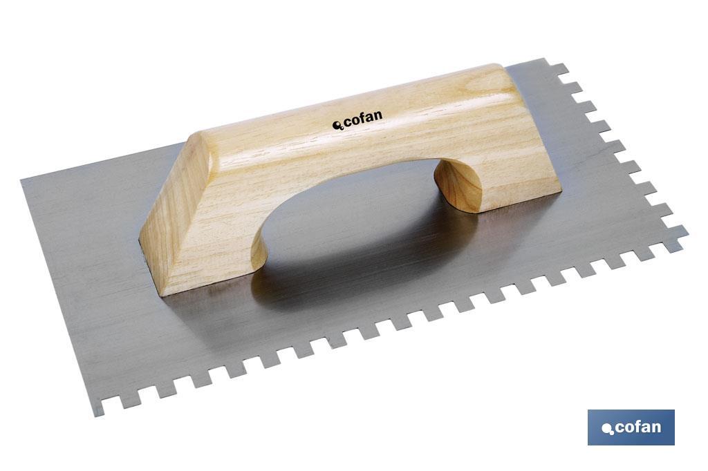 Paleta modelo llana dentada, Longitud: 275 x 115 mm, Dentado: 8 x 8 mm, Para la construcción, Mango de madera