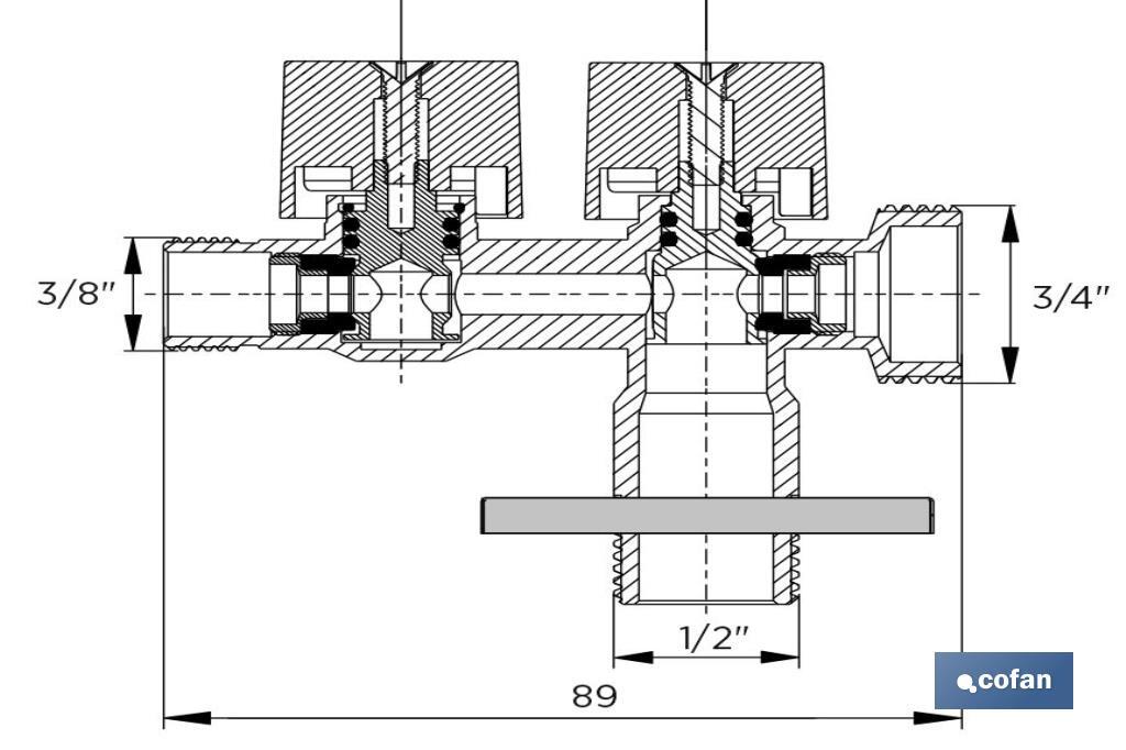 Valve d'Équerre avec Double Sortie | Dimensions : 1/2" x 1/2" X 3/8" | Fabriquée en Laiton CW617N | Filetage d'Entrée de Gaz - Cofan