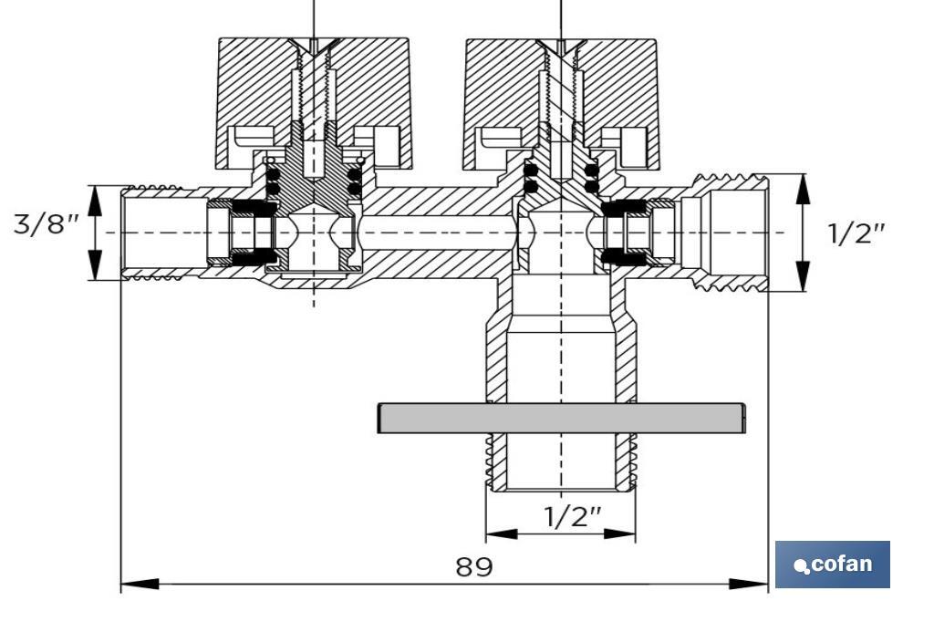 Valve d'Équerre avec Double Sortie | Dimensions : 1/2" x 1/2" X 3/8" | Fabriquée en Laiton CW617N | Filetage d'Entrée de Gaz - Cofan