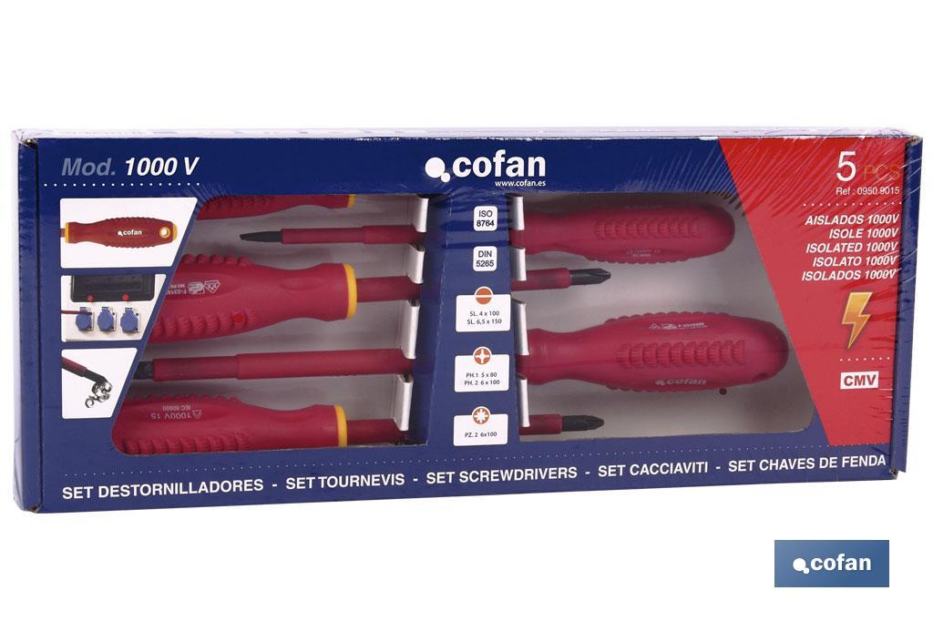 Set of 1,000V insulated screwdrivers | 5 pieces | Phillips, Pozidriv and slotted screw heads - Cofan