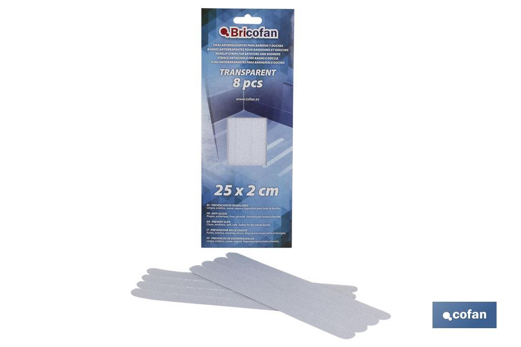 Tiras Antideslizantes Transparentes | Pack 8 uds | Medidas 25 x 2 cm - Cofan