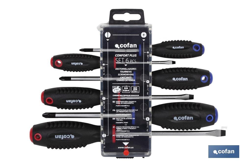 Set of 3 slotted screwdrivers and 3 Phillips screwdrivers | Confort Plus Model | With a special case with hanger - Cofan