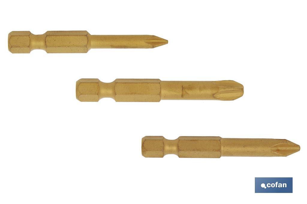 Kit de puntas de Titanio para atornillar | Contenido 3 puntas Phillips de 50 mm | Modelo 1/4" PH - Cofan