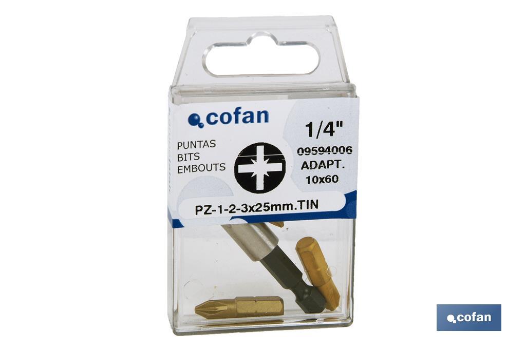 Kit de puntas de atornillar de Titanio y adaptador |Contenido 3 puntas Pozi drive y un adaptador | Modelo 1/4" PZ - Cofan