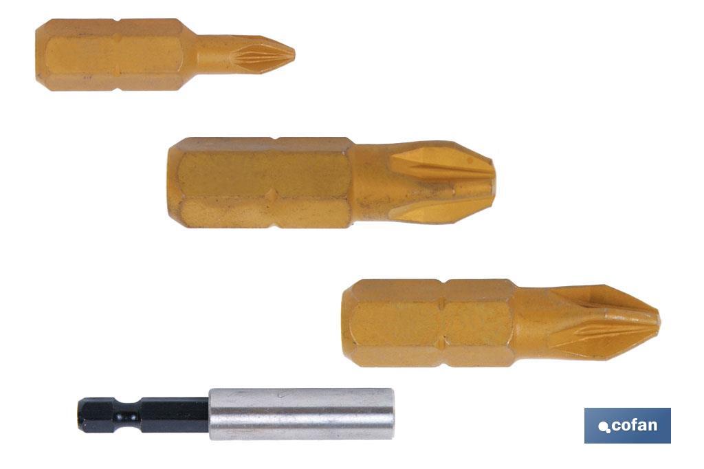 Kit de puntas de atornillar de Titanio y adaptador |Contenido 3 puntas Pozi drive y un adaptador | Modelo 1/4" PZ - Cofan