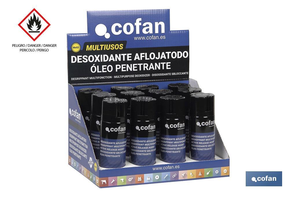 Expositor de afrouxa tudo | Embalagem de 200 ml com 20 Unidades ou de 400 ml com 12 Unidades | Alto poder hidrófugo - Cofan