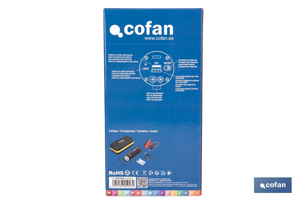 Arrancador portátil de baterías 600 A | Con linterna LED y power bank USB | 330 lúmenes | Adecuado para coches de gasolina hasta 5000 cc y diésel hasta 3000 cc - Cofan