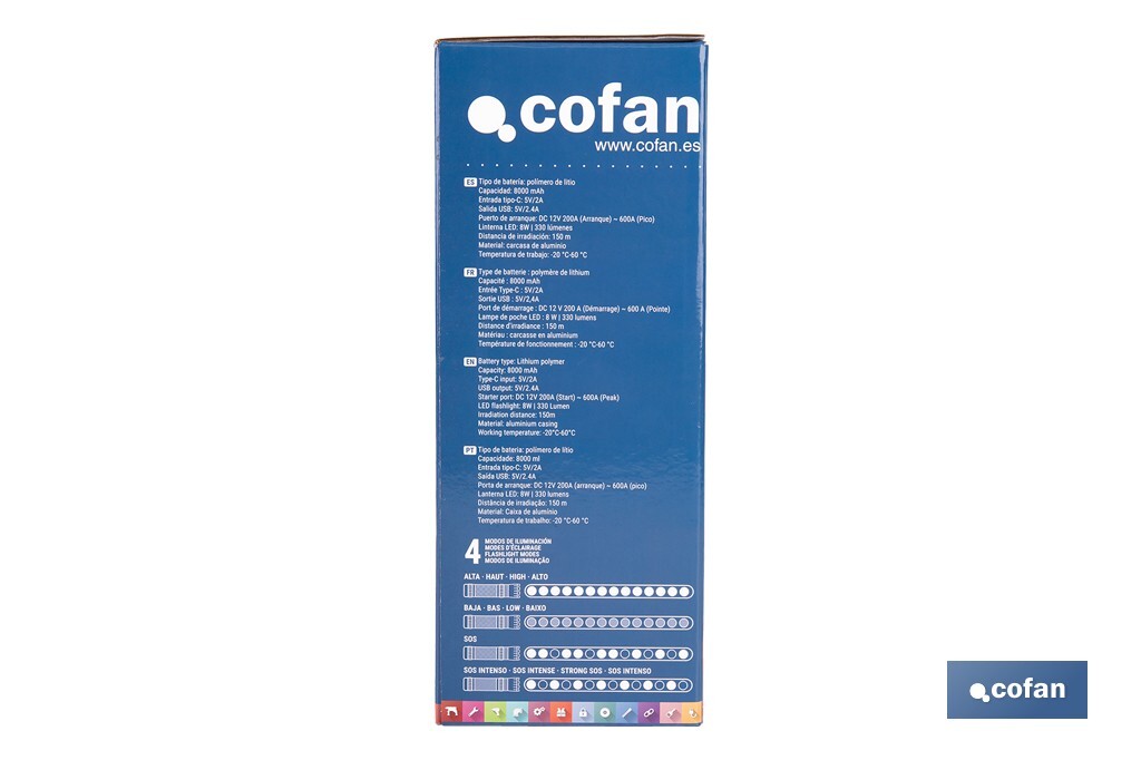 Arrancador portátil de baterías 600 A | Con linterna LED y power bank USB | 330 lúmenes | Adecuado para coches de gasolina hasta 5000 cc y diésel hasta 3000 cc - Cofan