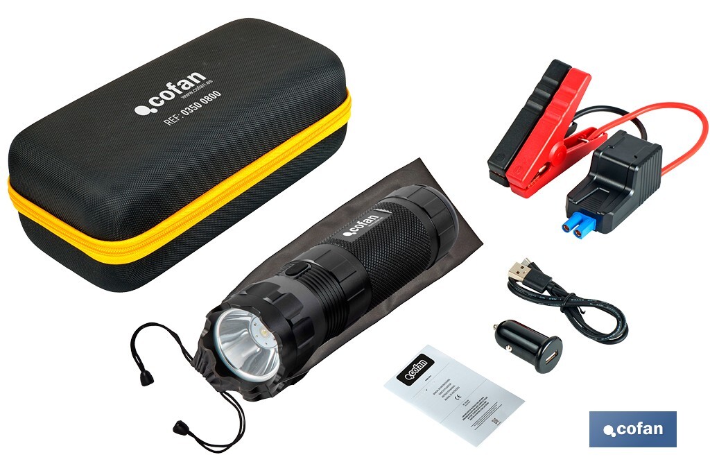 Arrancador portátil de baterías 600 A | Con linterna LED y power bank USB | 330 lúmenes | Adecuado para coches de gasolina hasta 5000 cc y diésel hasta 3000 cc - Cofan