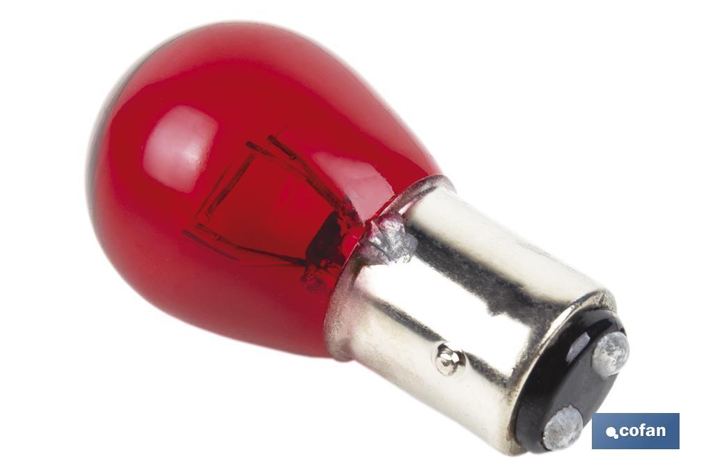 Lámpara de 2 polos descentrada 12 V | Casquillo de tipo BAW15d | Bombilla P21/5W en color rojo - Cofan