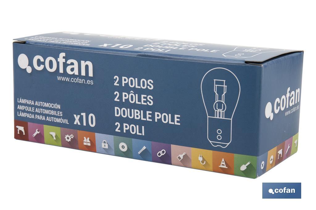 Lâmpada de 2 pólos de 12 V | Pino desencontrado | Base tipo BAW15d | Lâmpada P21/5W | Cor vermelho - Cofan
