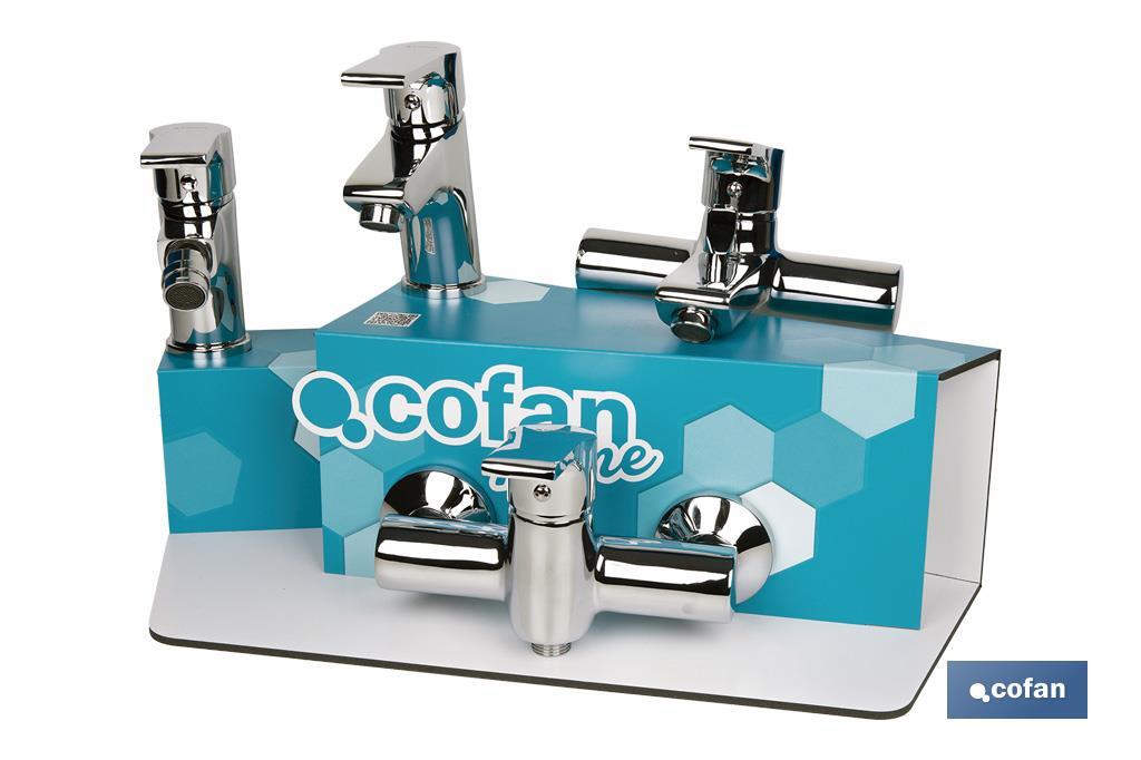 Kit of bathroom fittings with display rack for Ross Model mixer taps | Ideal for displaying taps | Suitable for 5 pieces - Cofan